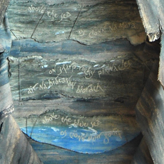 Rag/Luideag, artist's book by Liz Mathews with poem by Derick Thomson /Ruaraidh MacThomais, stoneware clay pages sewn into cotton duck binding with linen thread,; paints and charcoal mixed with tea and whisky.
