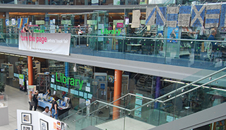 Overview of the exhibition just inside and outside the library's ground floor, continuing on the mezzanine, in the artists' book fair turn the page.