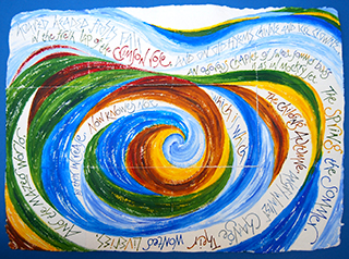 The Seasons Alter, side one, words by Shakespeare; double sided artist's book on handmade paper, setting Titania's speech from 'A Midsummer Night's Dream'; paint mixed with snow-melt, rain, mud and dust.