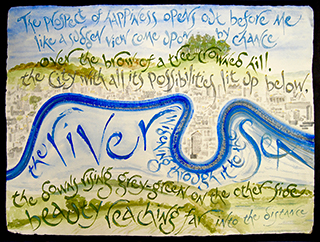 The Prospect of Happiness, watercolour on handmade paper, words by Frances Bingham