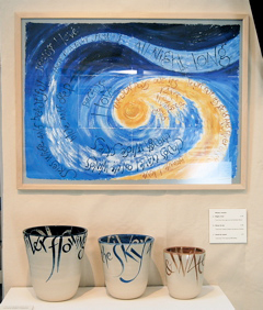Water vessels group including Amo ergo sum (artist's book) text by Kathleen Raine, and bowls: Night river (text by Kathleen Raine), River & sky (text by Jeremy Hooker), and Earth & water (text by PB Shelley)