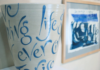 Love flows (deep bowl with text by Frances Bingham) and Kingfisher (artist's book) with text by Phoebe Hesketh