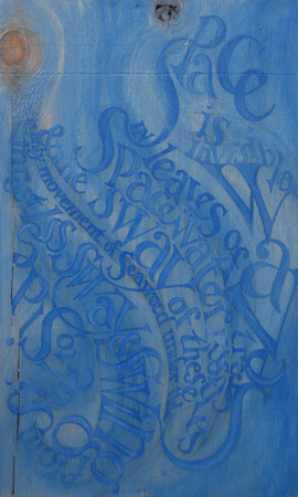 Spacewater (reclaimed wood panel), text by Valentine Ackland